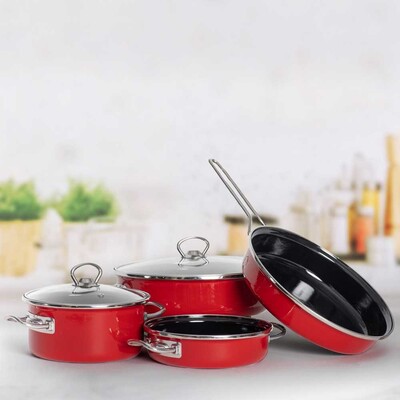 Her Eve Lazım 6 Parça Emaye Tencere Seti | Kırmızı - Refikadan