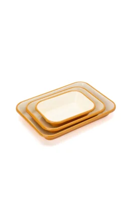 Emaye Fırın Kabı Seti 3lü Dikdörtgen - Hardal Kordonlu 