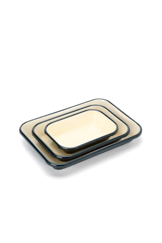 Emaye Fırın Kabı Seti 3lü Dikdörtgen - Petrol Kordonlu - 1