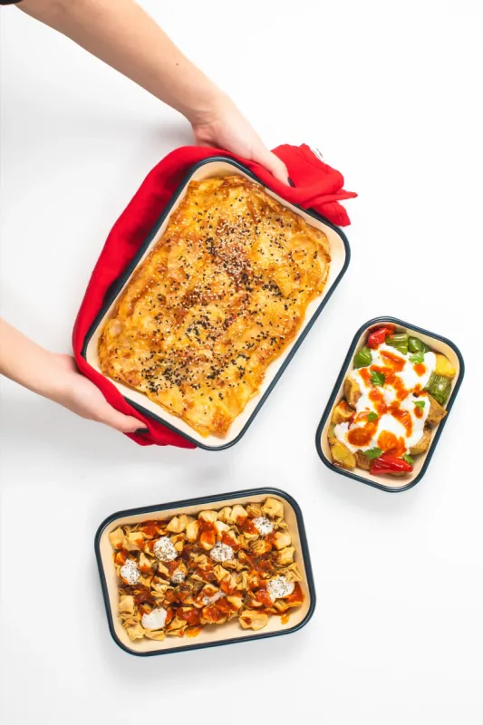 Emaye Fırın Kabı Seti 3lü Dikdörtgen - Petrol Kordonlu - 4