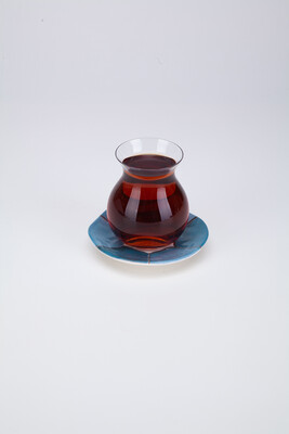 Gönlübol Çay Bardağı ve Tabağı – Mavi Geometrik Desenli - Thumbnail