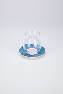 Gönlübol Çay Bardağı ve Tabağı – Mavi Geometrik Desenli - Thumbnail