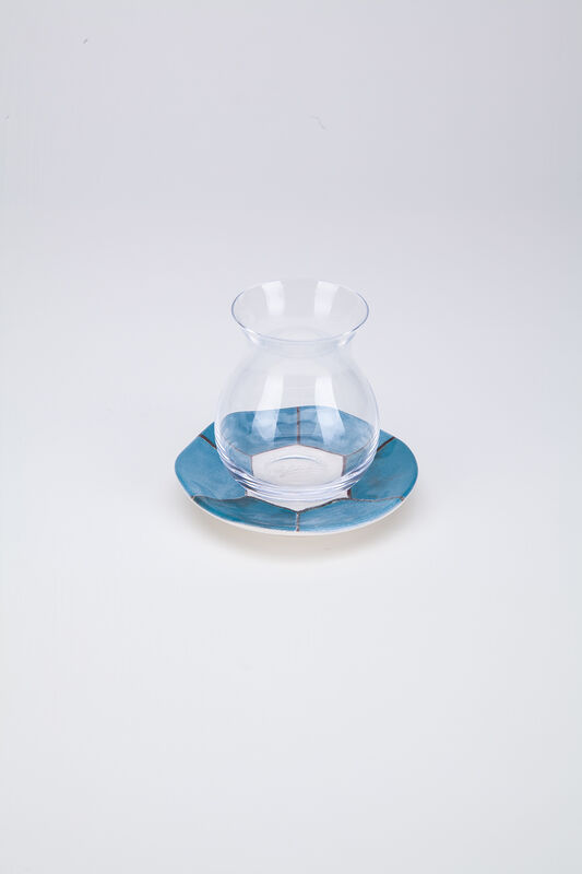 Gönlübol Çay Bardağı ve Tabağı – Mavi Geometrik Desenli