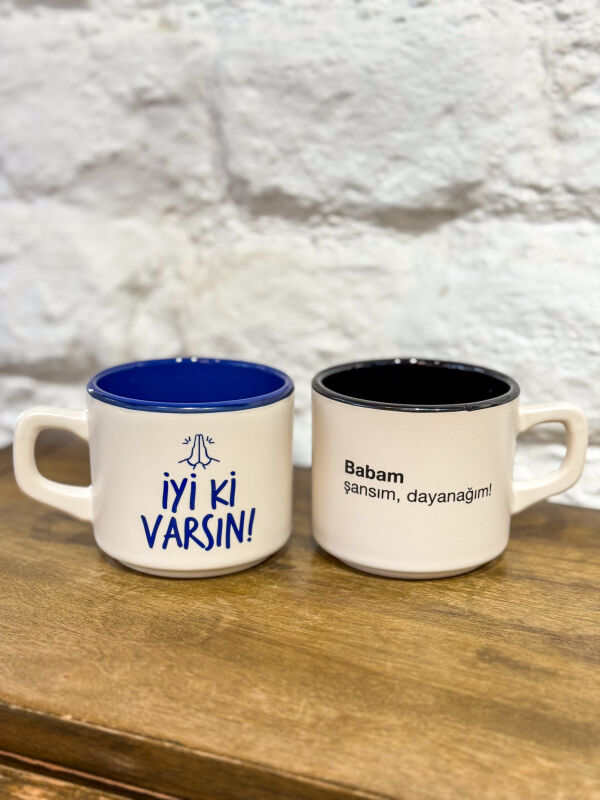 Babalar Günü Kupa Seti - İyi Ki Varsın & Babam Şansım Dayanağım - Seramik Kupa 153 ML - 1