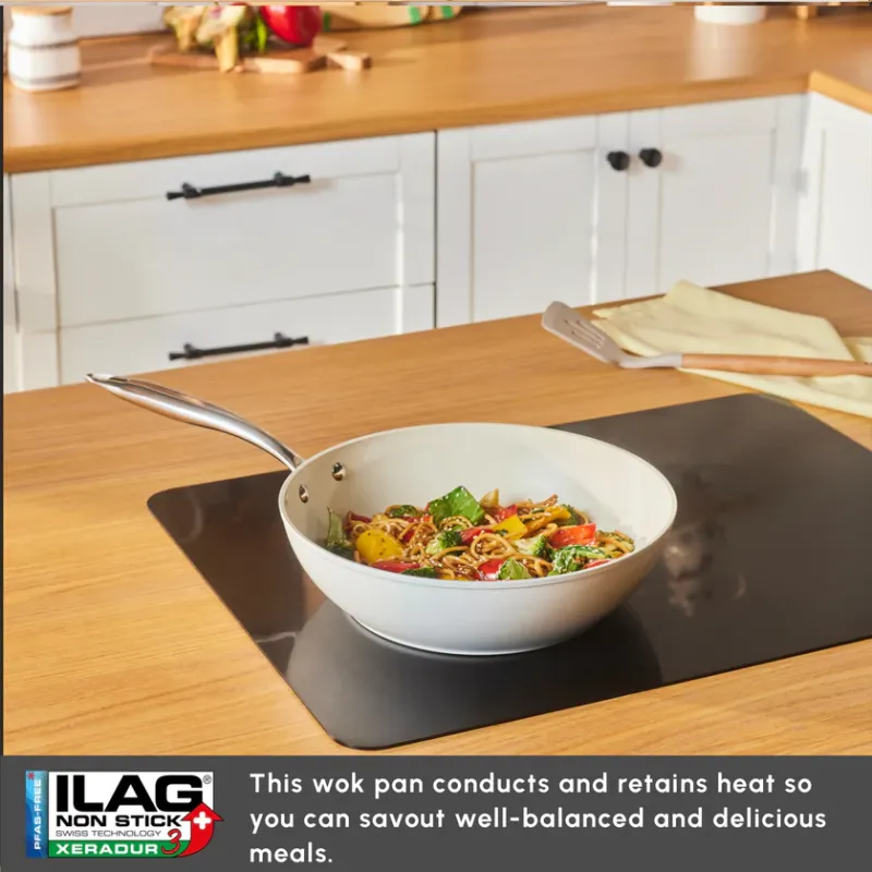 Karaca Swiss Crystal Almond Cream Non-Stick Induction Handle Wok, 28cm, Cream - 4