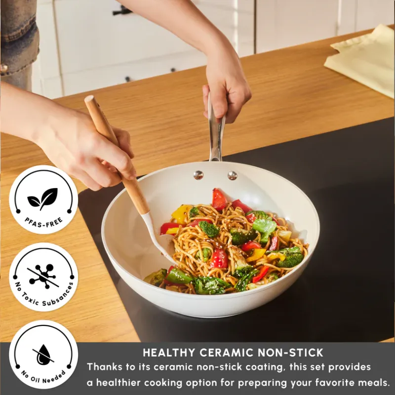 Karaca Swiss Crystal Almond Cream Non-Stick Induction Handle Wok, 28cm, Cream - 2