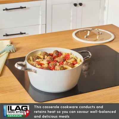 Karaca Swiss Crystal Almond Cream Non-Stick Induction Stainless Steel Handle Casserole & Lid, 24cm, Cream - 2