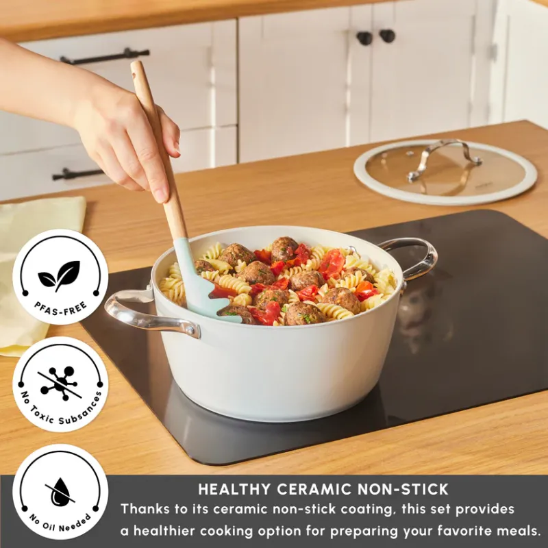 Karaca Swiss Crystal Almond Cream Non-Stick Induction Stainless Steel Handle Casserole & Lid, 24cm, Cream - 4
