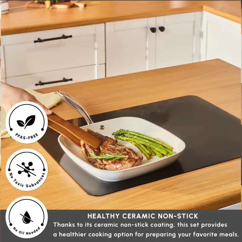 Karaca Swiss Crystal Almond Cream Non-Stick Induction Stainless Steel Handle Grill, 28cm, Cream - 2