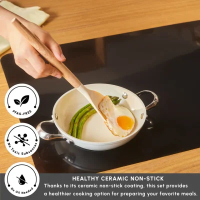 Karaca Swiss Crystal Almond Cream Non-Stick Induction Stainless Steel Handle Shallow Pan, 18cm, Cream - 2