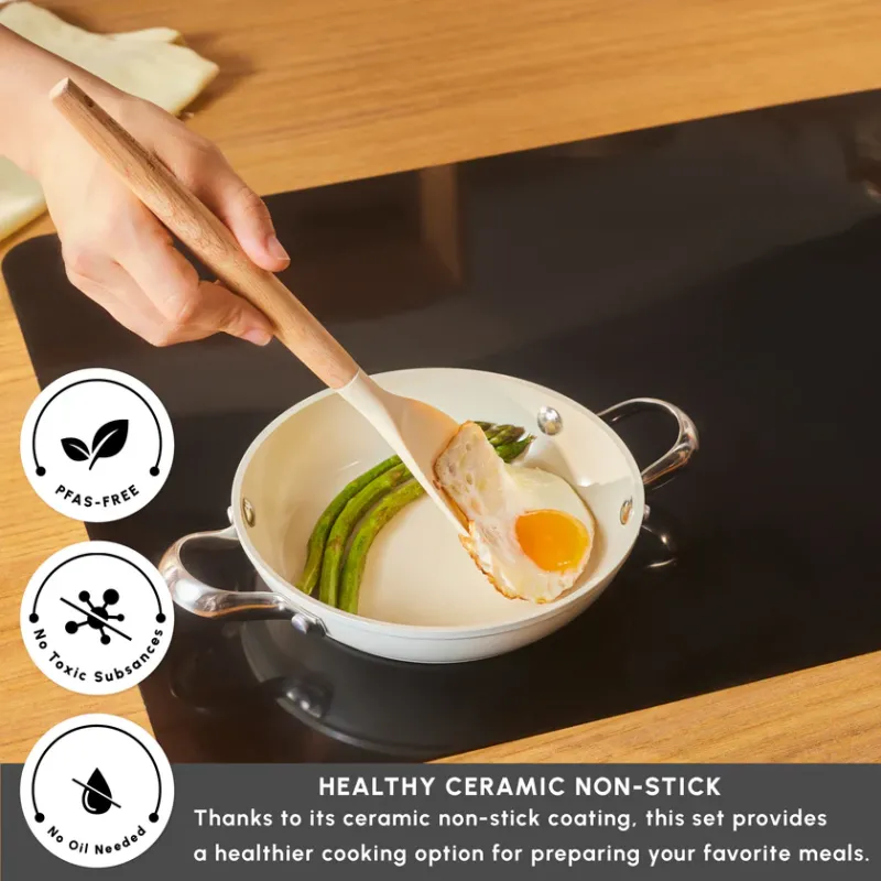 Karaca Swiss Crystal Almond Cream Non-Stick Induction Stainless Steel Handle Shallow Pan, 18cm, Cream - 2