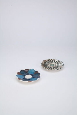 Sade Çini 2li Çay Tabağı Seti Geometrik Çini Desenli - Refikadan